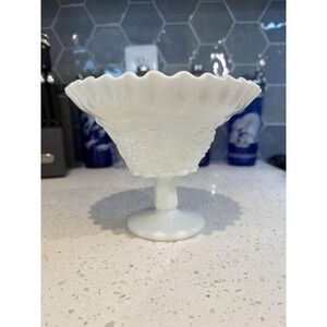 Westmoreland Paneled Grape Milk Glass Footed Compote Bowl Ruffled Mid Century